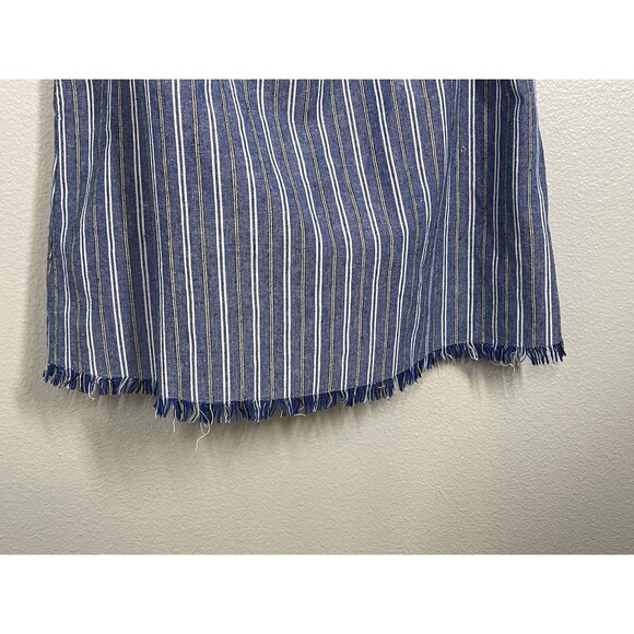 Love Riche | Off Shoulder Mini A-Line Dress Striped Linen‎ Cotton Blue | Medium - Picture 6 of 12